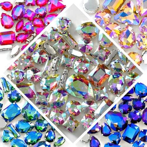 50pcs Mix Shaped Crystal AB Sew On Rhinestones With Silver Claw Flatback Glass Teardrop Sewing Stones For Cloth Jewellery B1142