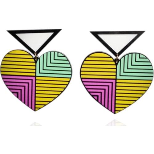 Hot Fashion Stripe Heart Acrylic drop Earrings For Women Mixed color abstract Heart triangle Hiphop large Earrings E18029