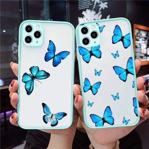 Cute Butterfly Purple Blue Fundas Phone Case Blue Transparent Matte For IPhone 7 8 11 12 S Mini Pro X XS XR MAX Plus Cover Shell