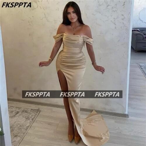 Sexy Long Champagne Prom Dresses 2021 New Design Pleats Silk Satin High Slit Charming Women Formal Occasion Party Gown Plus Size