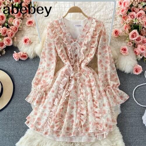 2021 New Spring Autumn French V-Neck long sleeve Dress bow bandage Ruffles patchwork high waist short Print A-line Dress