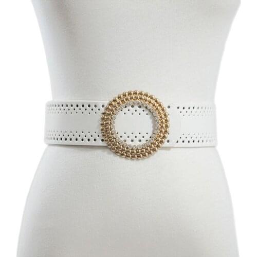 PU Leather New gold ring round buckle belts for women cutout design casual belt jeans dress luxury rhinestone buckles waistbands
