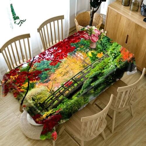 3d Scenery Tablecloth Maple Leaf Stone Bridge Pattern Washable Dustproof Thicken Cotton Cloth Rectangular and Round Table Cloth