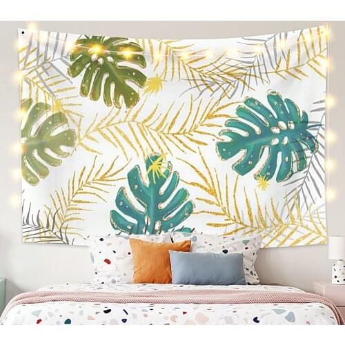 Golden and Cyan Leaves Tapestry Vintage Exotic Summer Plant Nature Frame for Bedroom Photography Wall Decor