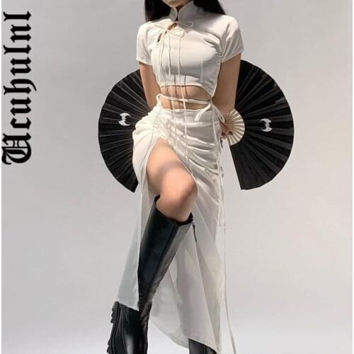 Ucuhulnl Asymmetrical Drawstring White Long Skirt Women Harajuku Solid Side Split High Waist Summer Skirts Lace Up Party 2021