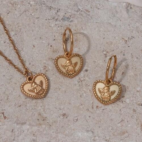 Vintage Fine Jewelry for Women Gothic Angel Heart Pendant Stainless Steel Chain Necklaces Ladies Cute 18k Golden Hoop Earrings