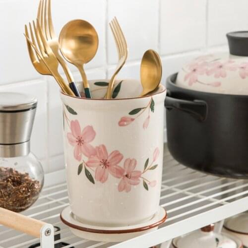 Japanese Cherry Blossom Chopsticks Barrel Ceramic Household Leaching Large Bucket Single Chopstick Cage