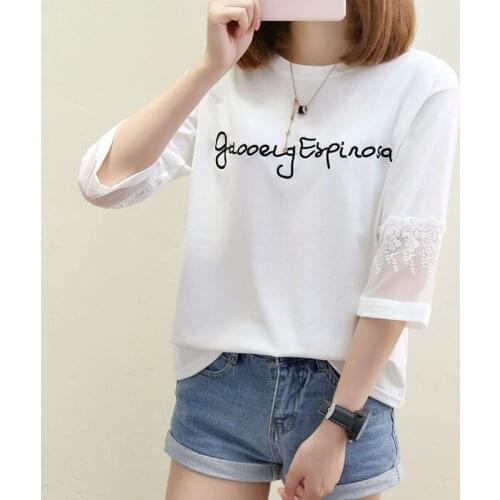 Women T-Shirt Five-Point Sleeve Summer Splice Embroidered Lace Letter O-Neck Tshirt Stylish Loose Wild Ladies Tops Ropa De Mujer