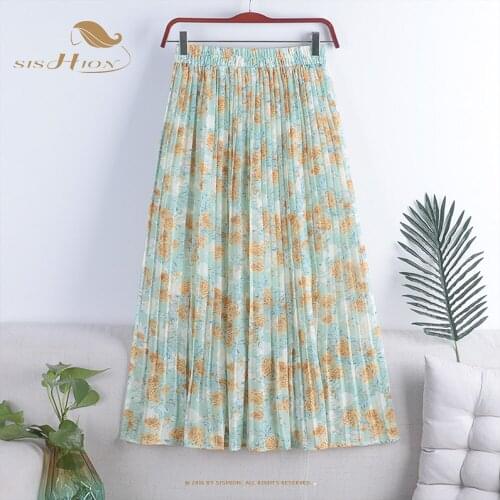SISHION 2021 Holiday Beach Boho Long Maxi Skirt VD1820 High Waist Women Summer Floral Print Chiffon Pleated Midi Skirt
