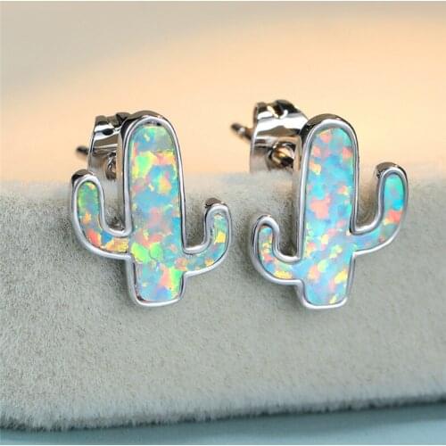 Boho Female White Opal Stone Earrings Cute Small Stud Earrings For Women Dainty Bridal Cactus Wedding Earrings
