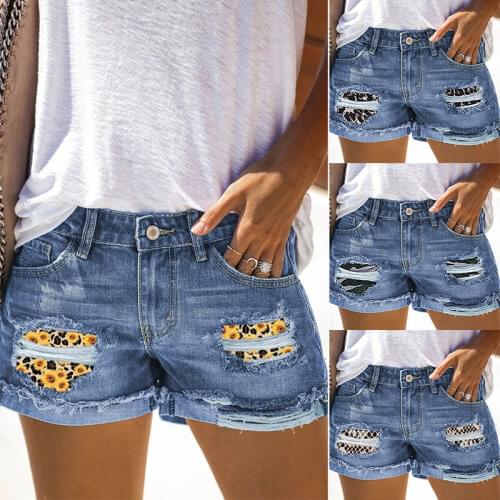 Summer Vintage Faded Distressed Ripped Jean Woman Leopard Print Camouflage Curling Shorts Female Casual Hole Hot Short Denim XXL