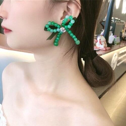 Fashion Ribbon Big Bowknot Green Stones Earrings For Women 2021 New Jewelry Personality Statement pendientes Wholesale