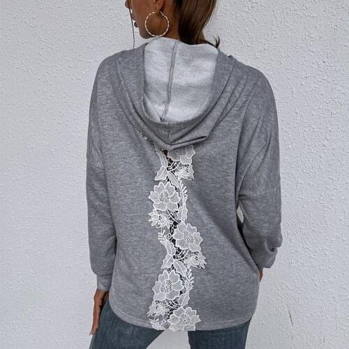 Womens Stylish Hoodies Solid Hooded Long Sleeves Kangaroo Pocket Lace Crocheted Back Women Sweatshirt Autumn Spring 2021