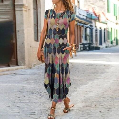 Women Casual Dress Bohemia Floral Pockets Splice Maxi Dress 2021 New Summer Short Sleeve Printed Dress Plus Size Lady Streetwear