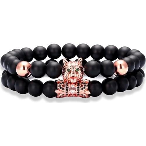 2 pieces / set Vintage Wolf Head Bracelet Deluxe CZ Animal Head Mens Bracelet Natural Stone Yoga Beaded Bracelet Jewelry