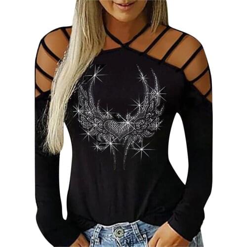 2021 Womens Fashion Hollow-Out Studded Long Sleeve O Neck T Shirts Casual Three Color Tops T shirt Oversize Woman S-2XL