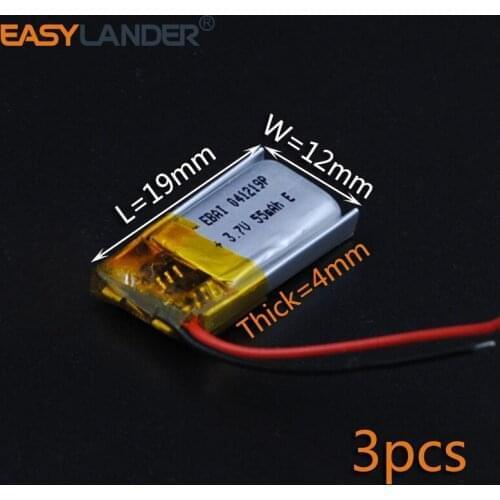 3pcs/Lot 3.7V 55mAh 401219 Rechargeable li Polymer Li-ion Battery For bluetooth headset mouse Bracelet Wrist Watch 041219