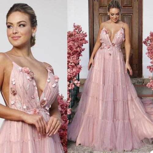 3D Flower Evening Dress Deep V Neck Beading Sequins Backless A Line Prom Gowns Floor Length Red Carpet Party Dresses