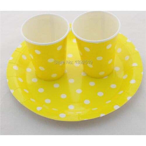 Free Shipping 96pcs Yellow Color Partyware Round Paper Plates Drinking Paper Cups Polka Dot Pattern Party Decoration Tableware