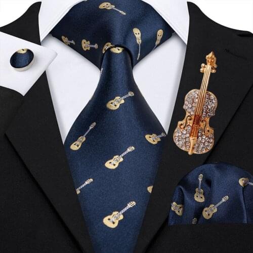 Violin Brooches Mens Tie 100% Silk Navy 8.5cm Ties For Men Wedding Business Party Neck Tie Set Dropshipping Barry.Wang