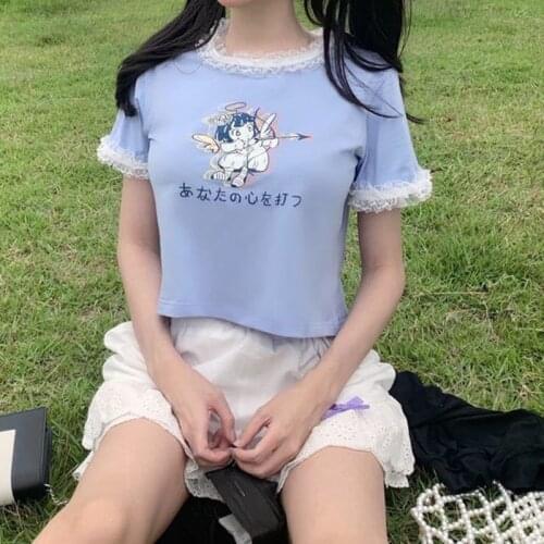 Retro Japanese Kawaii T Shirts Women Harajuku Teens Girls Cotton Crop Tops 2021 Summer New Ins Fashion Ladies Tees Mini Tshirts