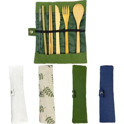 7-Piece Wooden Flatware Cutlery Set Bamboo Straw Dinnerware Set With Cloth Bag Knives Fork Spoon Chopsticks Travel Wholesale