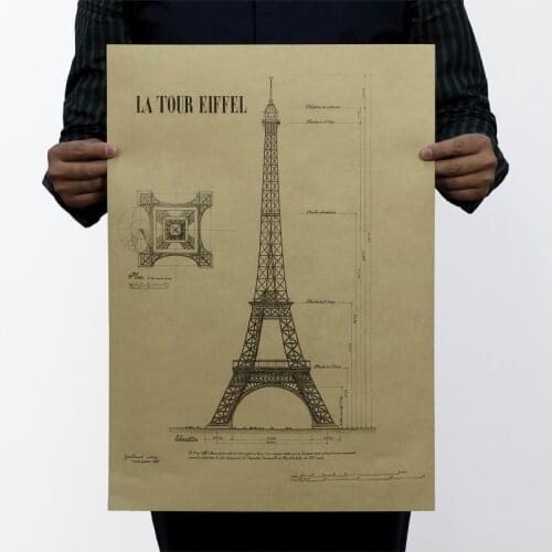 Wall Sticker Vintage Eiffel Tower Building Map Poster Bar Home Decor Painting Retro Kraft Paper 51x35cm