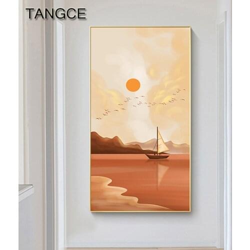 Nordic Landscape Posters Prints Abstract Seaside Sunrise Canvas Art Painting Moom Tree Wall Pictures for Living Room Wall Decor