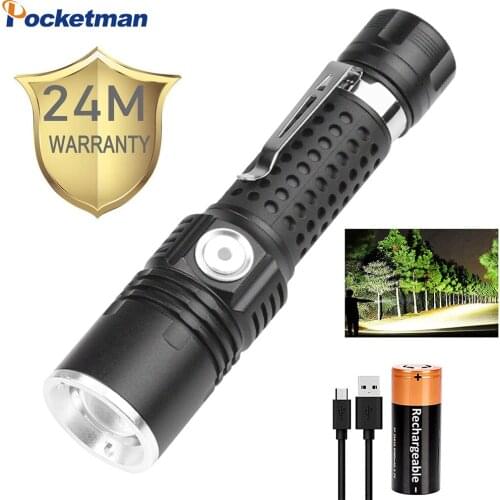 New XHP50 LED Flashlight USB Rechargeable Aluminum Fashlight Waterproof Torch with Pen Holder Silicone Anti-slip Tube