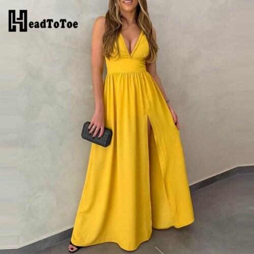 Solid V Neck Sleeveless Slit Maxi Dress