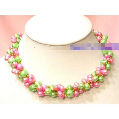 3strands 7-8mm freshwater green and pink pearl necklace