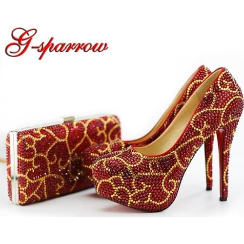 Handmade Red with Gold Rhinestone Wedding Bridal Dress Shoes with Handbag High Heel Party Shoes wiht Purse Sets Big Size
