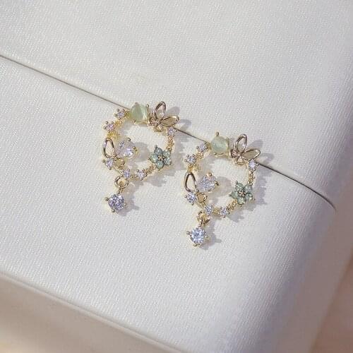 14K Gold Plated Pierced Butterfly Elegant Stud Earrings for Women AAA Cubic Zircon Delicate Jewelry Flower Earrings