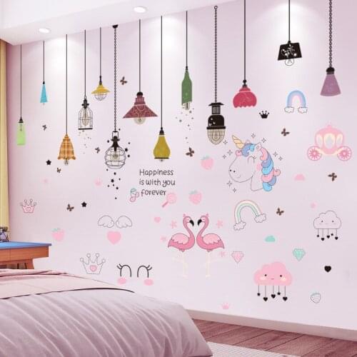 [SHIJUEHEZI] Unicorn Flamingos Animals Wall Stickers DIY Chandelier Lights Wall Decals for Kids Room Baby Bedroom Decoration