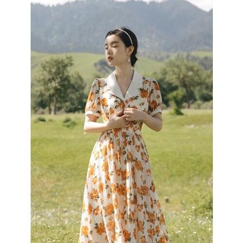 Chic Lapel Chiffon Floral Romantic Retro Dress 2021 Summer Rose Print Romantic Elegant Ladies Fashion Dresses Vestido de mujer