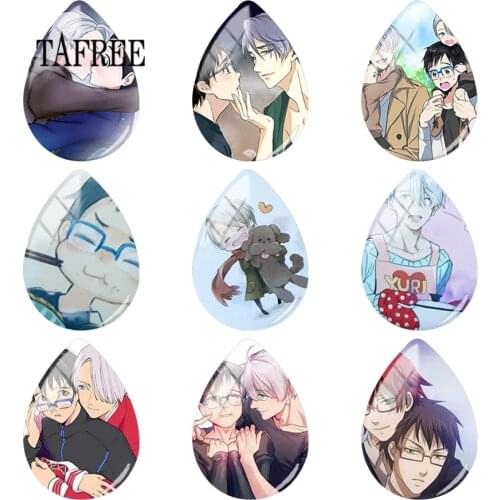 TAFREE Japan Anime Butler and YURI!!! on ICE Paintings Glass Cabochon Handmade Tear Drop Cabochons 5pcs/lot