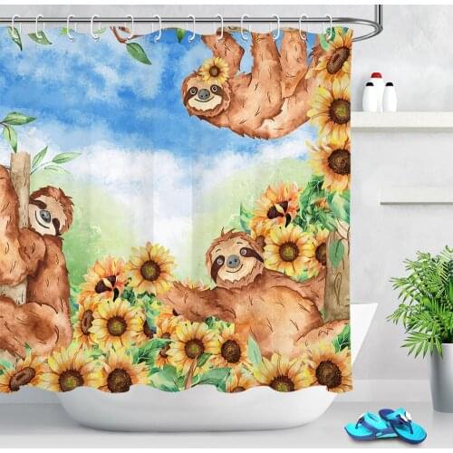 Cartoon Sunflower Sloth Shower Curtains Flower Animal Polyester Fabric Waterproof Plank Shower Curtain for Bathroom Accessories