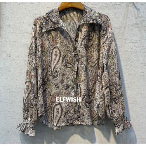 2022SS Woman Paisley Print Shirt Turn Down Collar with Tied Front Lurex Detail Long Sleeves Flared Cuffs
