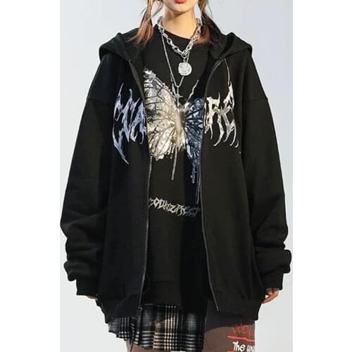 Women Gothic Butterfly Graphic Hoodies Long Sleeve Zip Up Loose Pocket Sweatshirts Black