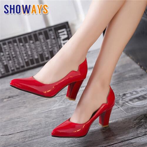 Big Size Women Pumps Black Cutout Patent Leather Pointed Toe 7cm High Chunky Heel Casual Party Office Wedding Slip-on Lady Shoes