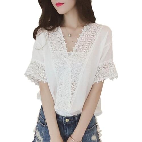 Casual Women V Neck Short Sleeve Lace Women Summer Korean Long Sleeve Womens Tops And Vintage Women Shirts Hot