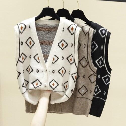 Women 2020 fashion geometric rhombic cardigan knitted vest sweater V neck sleeveless england style female waistcoat chic tops