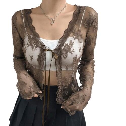 Women Casual Long Sleeve Tie Up Floral Lace Cropped Cardigan Lace Slim Fit Tie-up Cardigan Y2K Vintage Shirt Tops