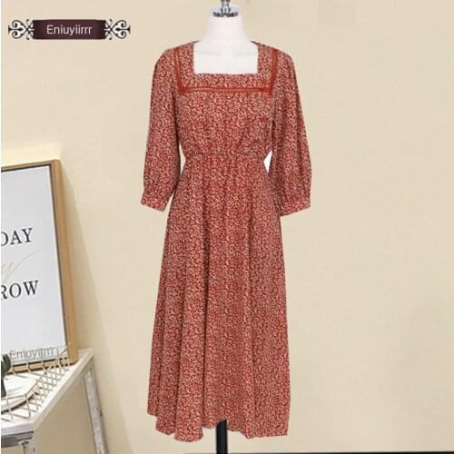 2020 Women Spring Summer Cute Sweet Hollow Out A Line Floral Printed Chiffon Pink Vintage Dress Korea Style E7359