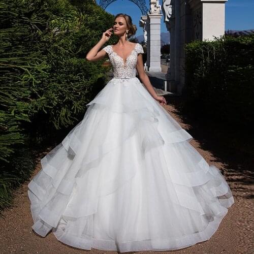 New Special White Wedding Dresses Vestido De Novia Princesa Cap Sleeve Buttons Up Tiered Skirt Princess Bridal Gowns