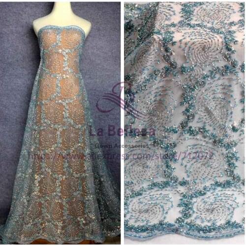 La Belleza New 1 yard super heavy handmde beaded blue evening dress lace fabric 47" width