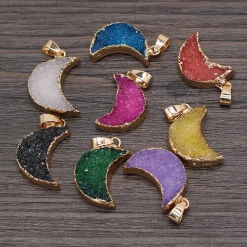 New Fashion Natural Stone Agates Charms Moon-shaped Druzy Crystal Pendant for Jewelry Making DIY Necklace Bracelet Earring 1PC