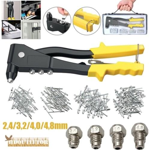 200pcs Boxed Aluminum Rivet 2.4/3.2/4.0/4.8mm Combination + Yellow Rivet Gun Set Professional Handmade Rivet Set Blind Rives