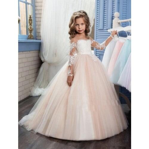 2017 Romantic Champagne Puffy Flower Girl Dress for Weddings Organza Ball Gown Girl Party First Communion Dress Pageant Gown