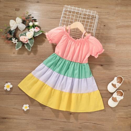 27Kids Girls Summer Rainbow suspender skirt pattern Sleeveless Dress Clothes Skirt Cute and Breathable 2-6Years